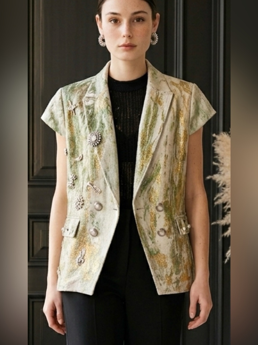 Upcycled brooched Embellished Green & Gold Painted Double-Breasted Vest size M
